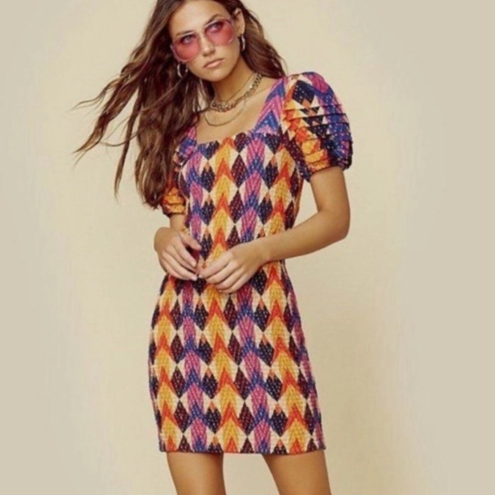FARM Rio Lindeza Grafica Mini Dress XS | Puff Sleeve Square Neck Boho Print - Picture 9 of 9